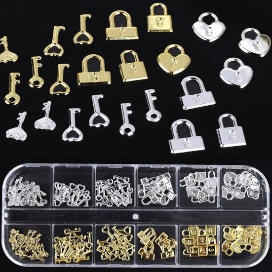 1 коробка, подвеска для дизайна ногтей, 12 сеток в ассортименте, полый металлический ключ с замком в форме сердца для женщин и девочек, аксессуары для украшения ногтей своими руками, подарок на день рождения