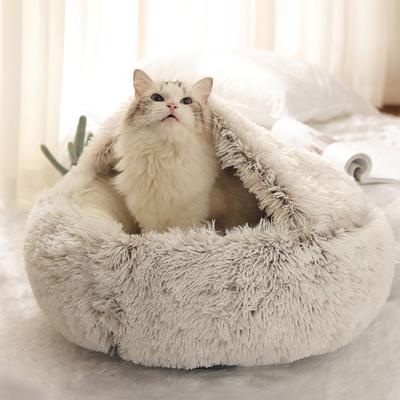Зимняя кровать для кошек, круглая длинная плюшевая теплая кровать для кошек, мягкая корзина для домашних животных, спальный мешок для маленьких собак, кошек, моющийся диван для питомника