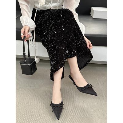 Туфли-лодочки с острым носком, сумка-голова пустая, тапочки женские для улицы, с бантом, полузакрытые, на шпильке, босоножки