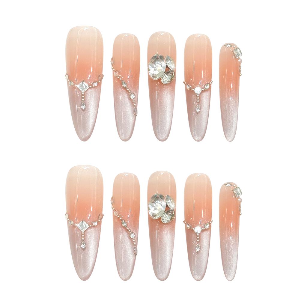 10Pcs Fake Nails Pointed Stiletto Cat Eye Gel Nail Tips for Women, Handmade False Nails with Gradient Pink Peach Design