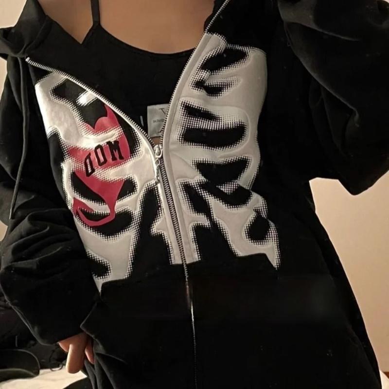 Harajuku Kawaii Hooded Women's Skull Print Vintage Zipper Coat Top Y2K Grunge Loose Sleeve Sweatshirt