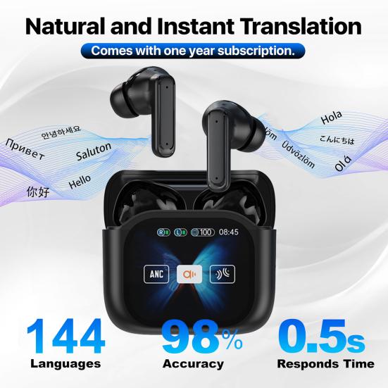 Language Translation Earbuds Touch Control Bluetooth-compatible 144 Languages in-Ear LCD Touchscreen Real-Time Translator