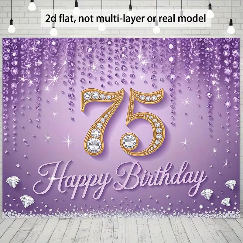 Элегантный фон для 75-летия, Гламурный фиолетовый дизайн с номером 75, инкрустированным бриллиантами, и блестками, Праздничный декор стены для юбилейной вечеринки