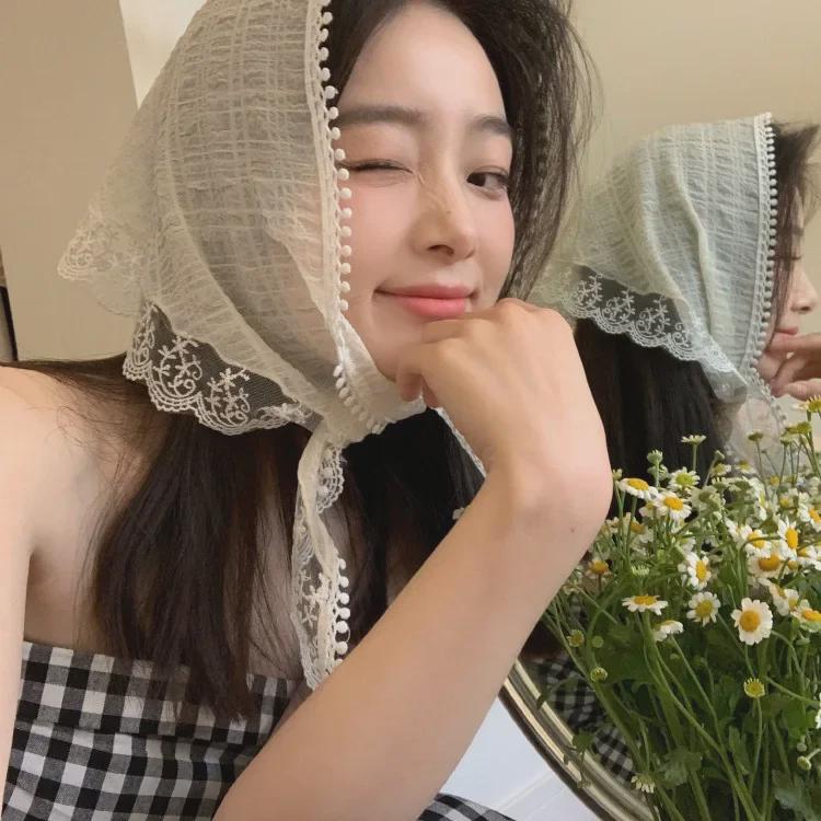 French Lace Triangle Scarf with Beige Floral Design, Retro Headscarf, Hairband, Bag Accent, and All-Match Ribbon Scarf