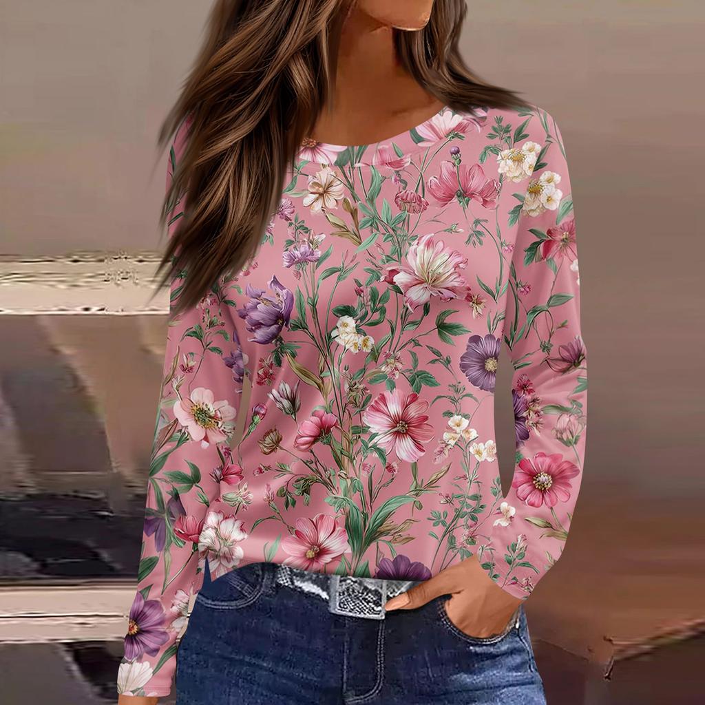 Женская модная повседневная свободная футболка с разрезом и круглым вырезом с длинным рукавом с принтом, женский топ