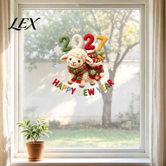 Festive Window Decorations Happy New Year Cling, 2027 Crochet Sheep Snowflake Glass Decals Glas Sticker, Reusable Christmas Holiday Decoration Static