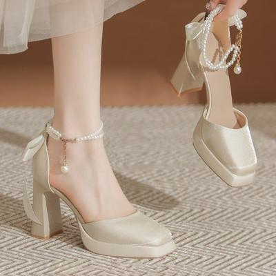 Модная весенняя новая массивная обувь одинарки женская с квадратным носком, с неглубоким вырезом, с бусинами, с бантом-бабочкой, водонепроницаемая, на платформе, на высоком каблуке