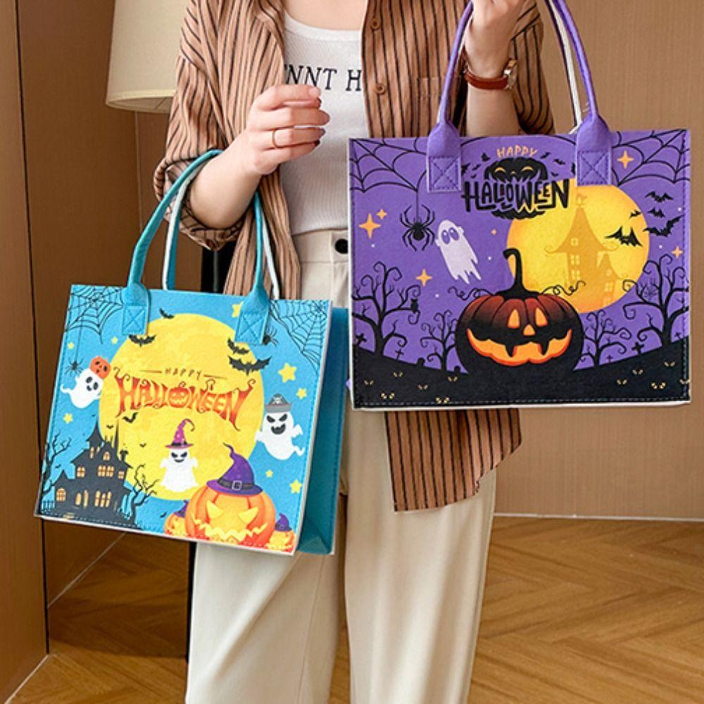 Fabric Trick or Treat Bag Candy Bag Pumpkin Storage Bag Foldable Halloween Felt Handbag Female