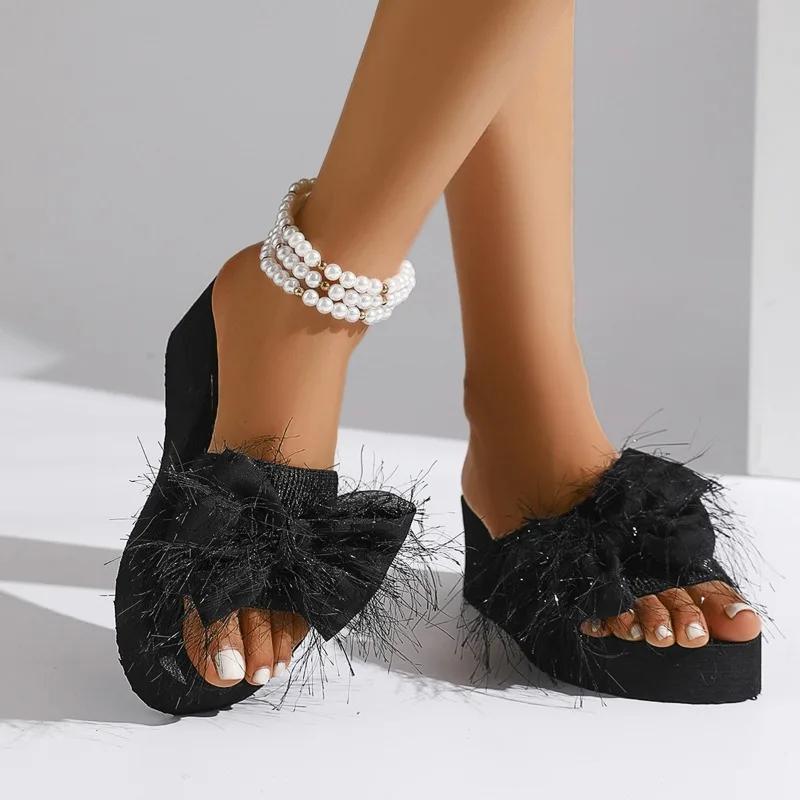 2025 Summer Basic Women's Slippers Butterfly-knot New Open Toe Outdoor Casual Best Seller Plus Size Light Wedge Slippers