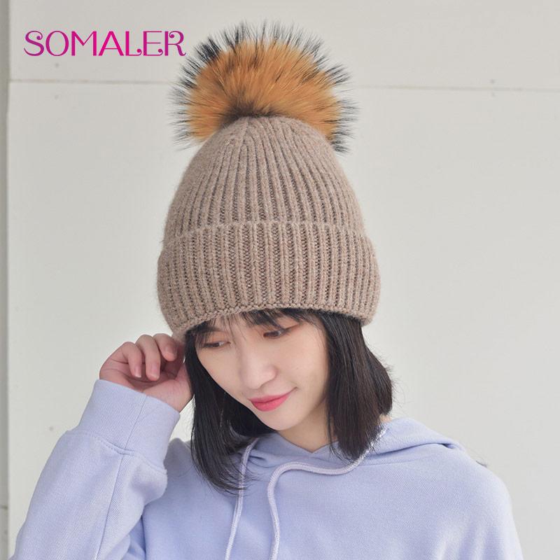 SOMALER Зимняя вязаная шерстяная шапка с меховым помпоном для девочек, женская модная пушистая теплая шапка-бини с манжетами и помпоном, женская осенне-осенняя повседневная кепка