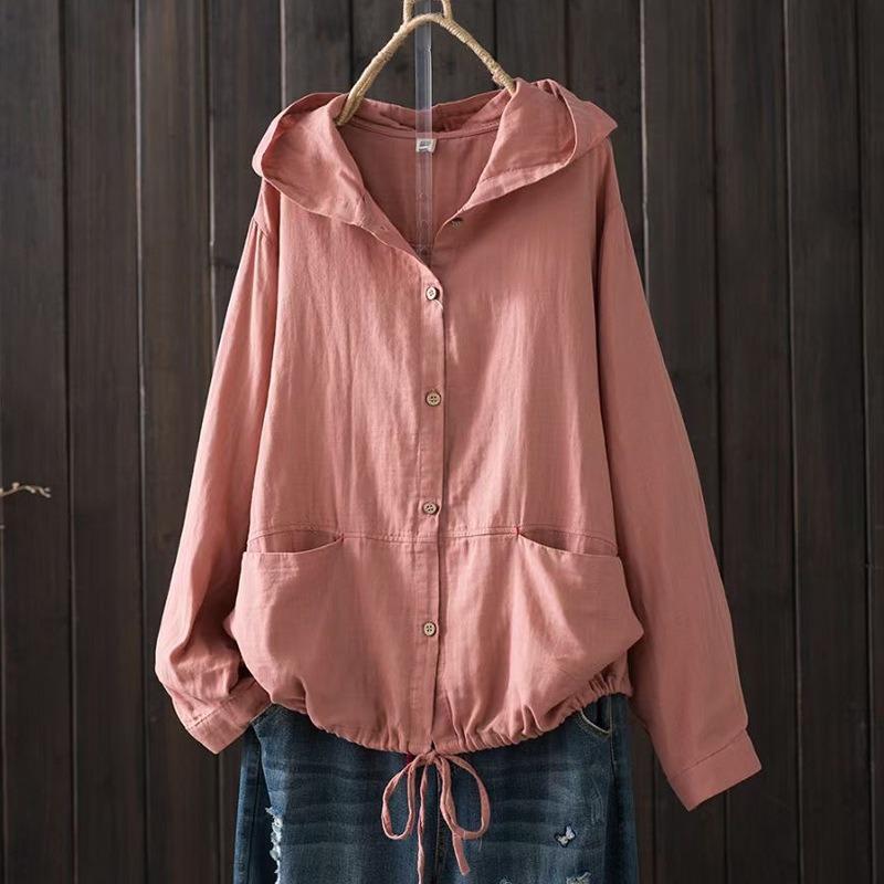 Women Oversized Thin Jacket Solid Color Loose Double Layered Cotton Shirt Cardigan Hooded Long Sleeve Lace Up Jackets