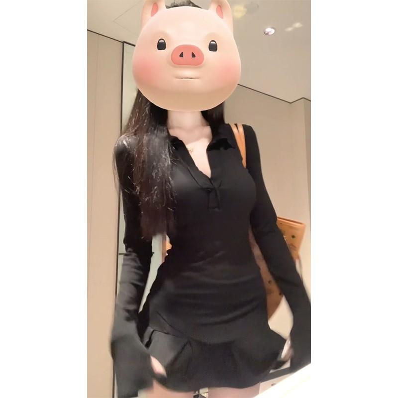 New Royal Sister Wind Black V-Neck Dress Children's Autumn and Winter Slim Hip Wrap Skirt Spice Girl Short Skirt