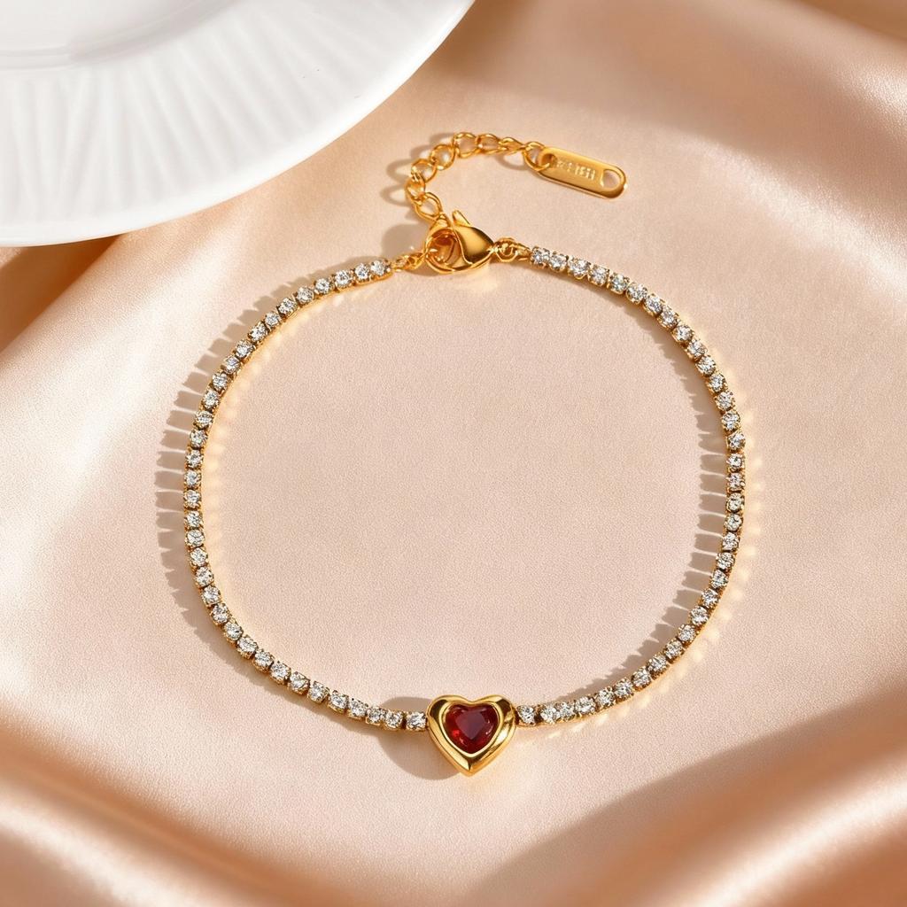 Elegant Heart Zircon Tennis Chain Bracelet for Women, Gold Color Stainless Steel Wristband Bracelet, Luxury Elegant Jewelry Gift