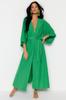 Women's Fashion New Kimono&Kaftan Green Belted Maxi Woven Linen Look KimonoKaftan