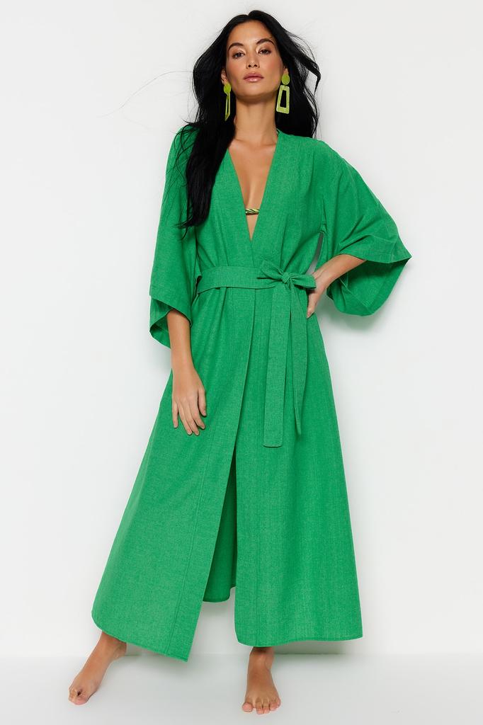 Women's Fashion New Kimono&Kaftan Green Belted Maxi Woven Linen Look KimonoKaftan