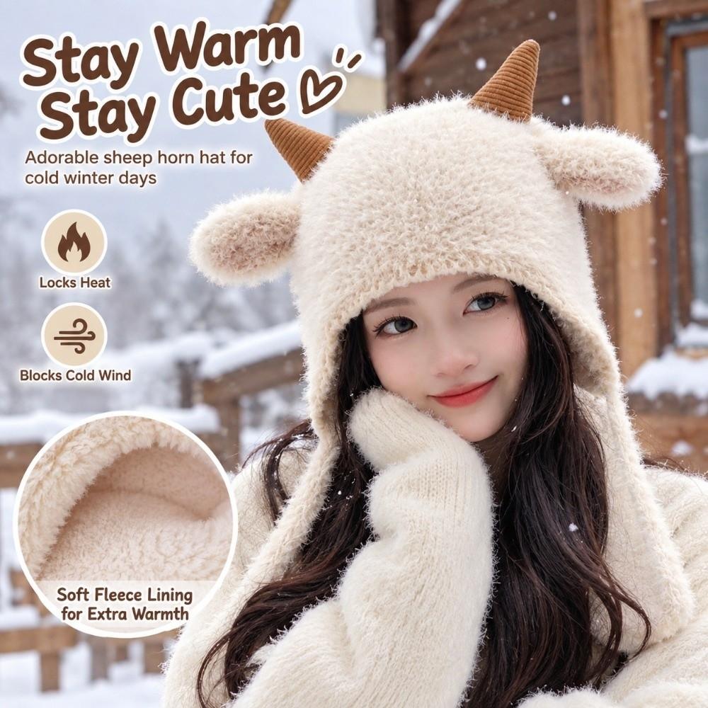 Fleece Lined Knitted Hat Korean Style Pullover Hat Cute Sheep Horn Hat Daily Outing