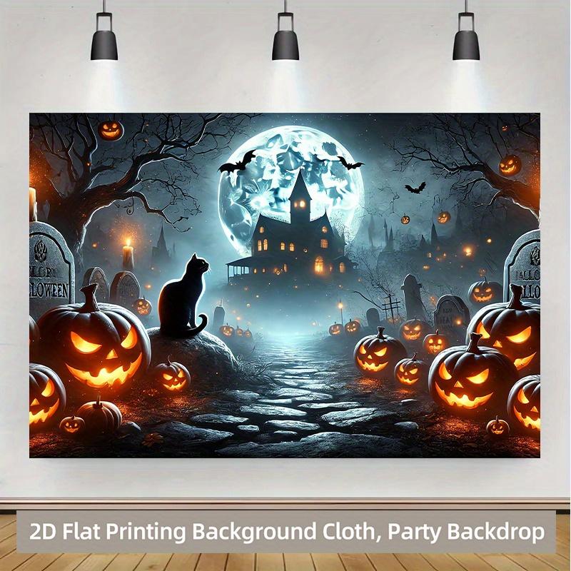 1 piece of 2D background fabric a vibrant polyester background depicting pumpkins and cats in a Halloween cemetery setting
