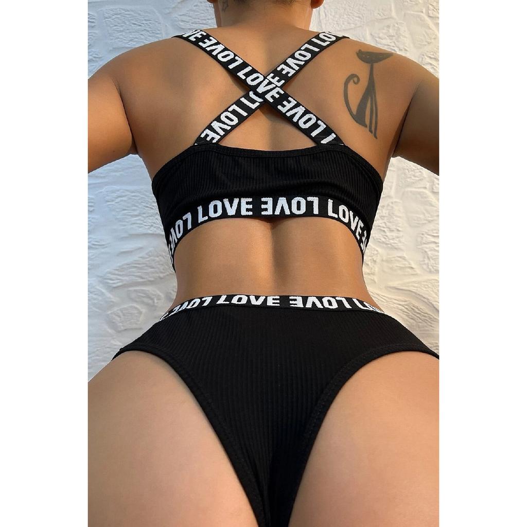 Women's Black Cross Back And Love Lettering Detailed Underwear Set