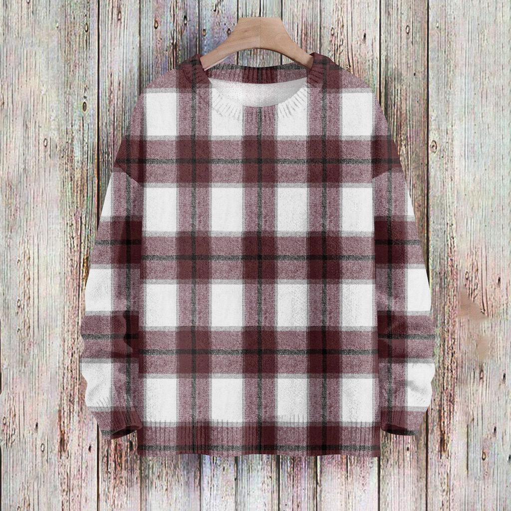 Women's Fashionable Casual Long-sleeved Checkered Printed Round-neck Sweater Knitted Top