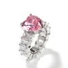 7mm Big Baguette CZ Stone Pink Heart Ring Iced Out Bling Fashion Ring Hip Hop Jewelry High Quality Engagement Gift Color