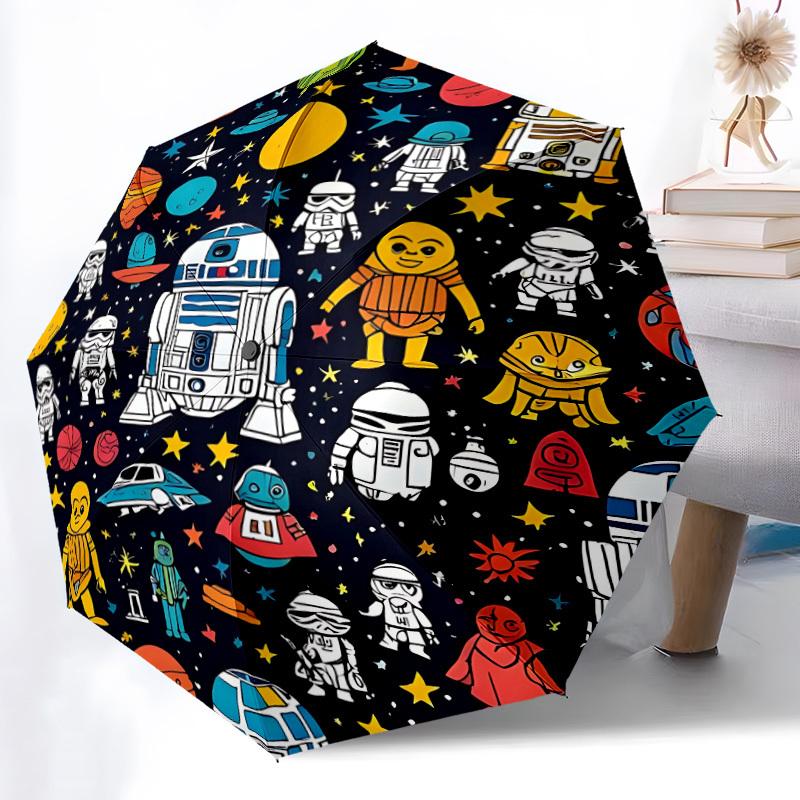 1pc Space Adventure Automatic Open/Close Umbrella with One-Touch Button, Compact Folding Canopy, Sturdy 8-Rib Windproof Design -024