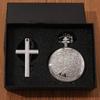 2pcs/set, Women's Pocket Watches, Fashion Women's Silvery Pocket Watch, Vintage Carved Necklace Quartz Pocket Watches & 1PC Silvery Cross Necklace