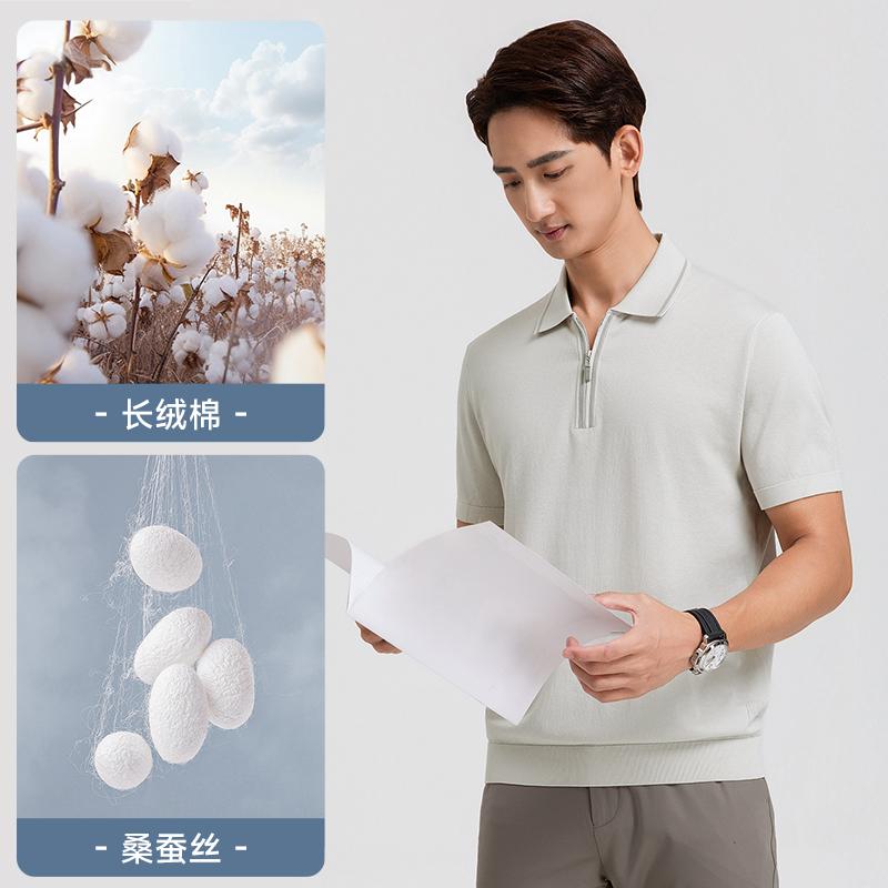 [Including Mulberry Silk] Langdeng Men's Half Zipper Knitted Polo Shirt Summer Breathable Business Collar Short Sleeve T-shirt