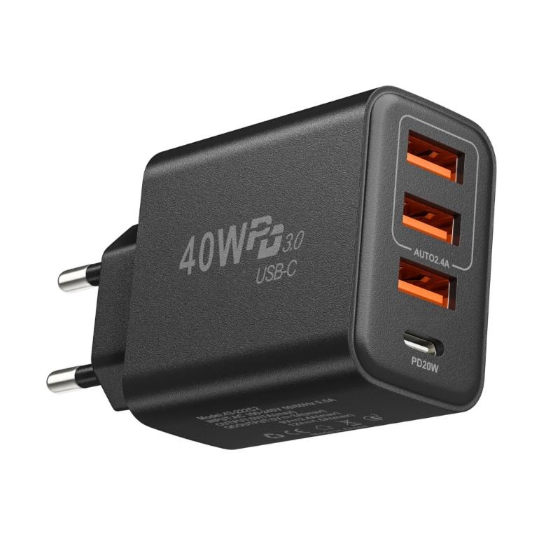 Быстрое зарядное устройство на 4 устройства: 3 порта USB-A, 1 порт USB-C, выходная мощность 40 Вт для телефонов, планшетов, ноутбуков