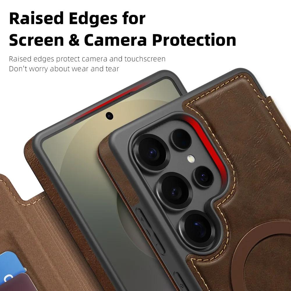 For MagSafe RFID Blocking Flip Leather Phone Case Samsung Galaxy S25 Edge S24 S23 Ultra S22 Plus Wallet with Card Holder Cover