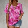 Женские повседневные топы большого размера с tie-dye, коротким рукавом, шнуровкой и V-образным вырезом