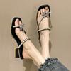 High-heeled Sandals Girl 2025 Summer New French Fairy Wind Toe Bow Rhinestone Retro Thick-heeled Cool Slippers