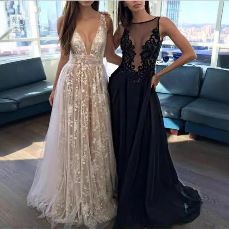 Summer new European and American mesh backless dress lace deep V dress, long dress