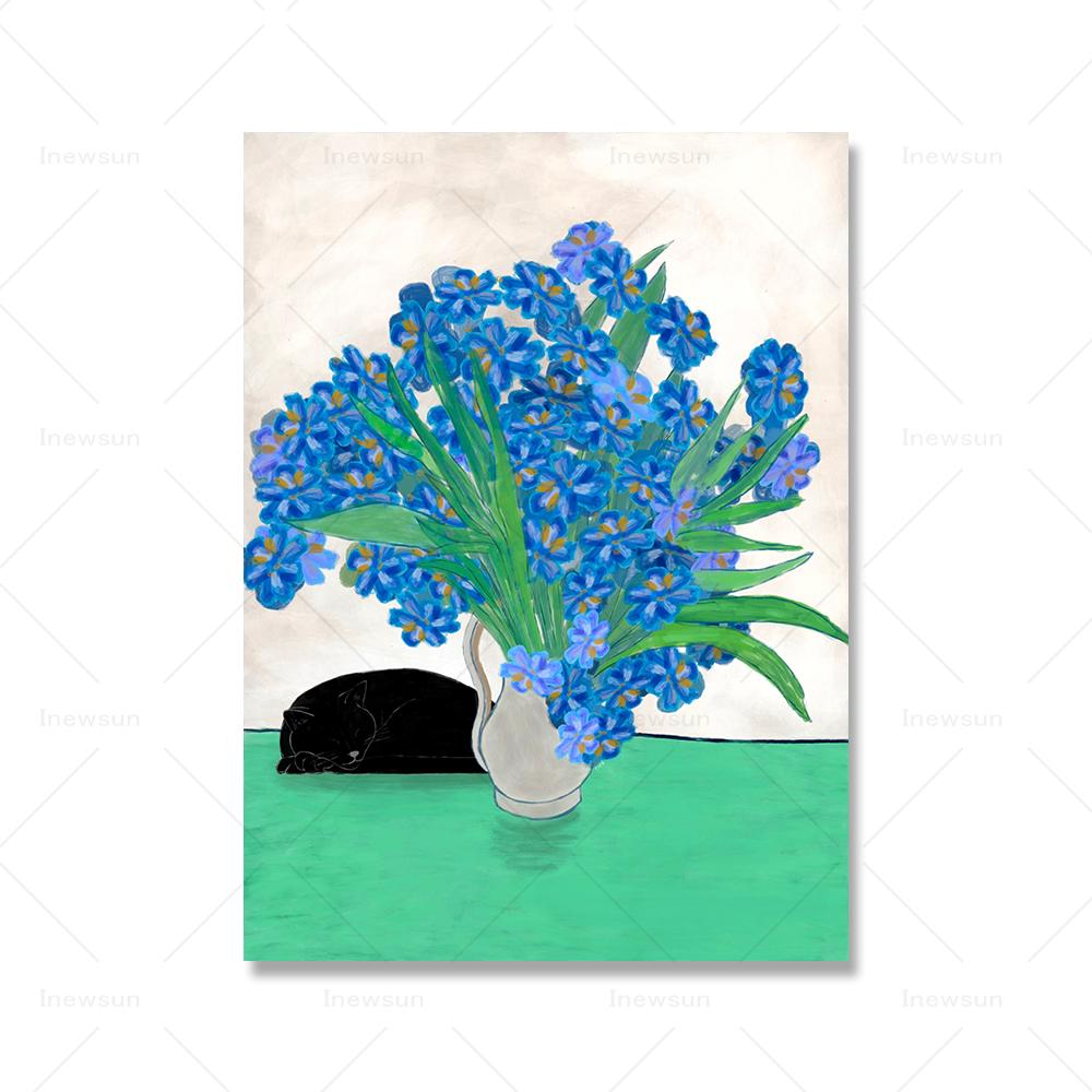 Черный кот и маки принт синие цветы дневной постер кошка скандинавский абстрактный кот животное холст картина настенные картины декор