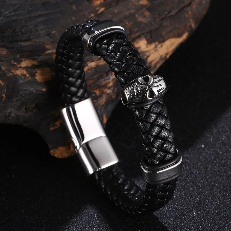 Браслет с панк-металлическим черепом, плетеный вручную, многослойный кожаный браслет, мужской хип-хоп, рок, езда на велосипеде, ювелирные изделия, аксессуар