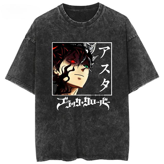 2026 Black Clover Washed Vintage Tshirt Street Hiphop Anime Casual Cotton Summer Short Sleeve