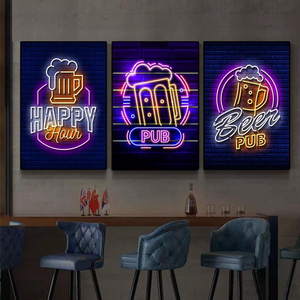 Неоновый эффект Пиво Happy Hour Паб Плакат Печать Холст Картина Настенная картина Для Бара Гостиная Домашнее украшение БЕЗ СВЕТОДИОДОВ