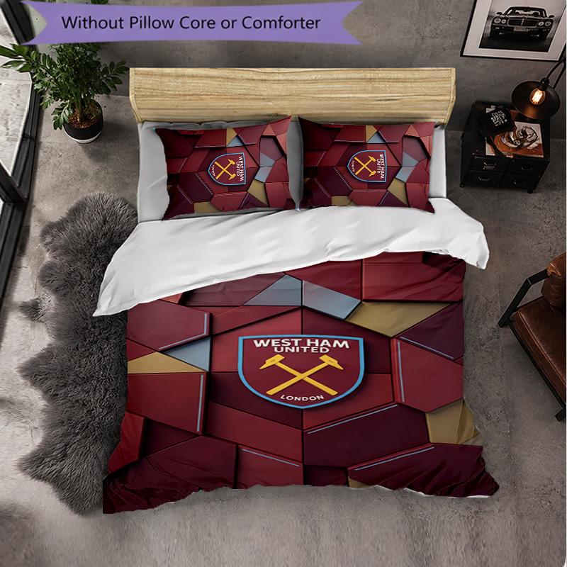 West Ham United Football 3 Piece Bedding Set Soft Duvet Cover Set with Pillowcases Printed Bedroom Decor Set for Home