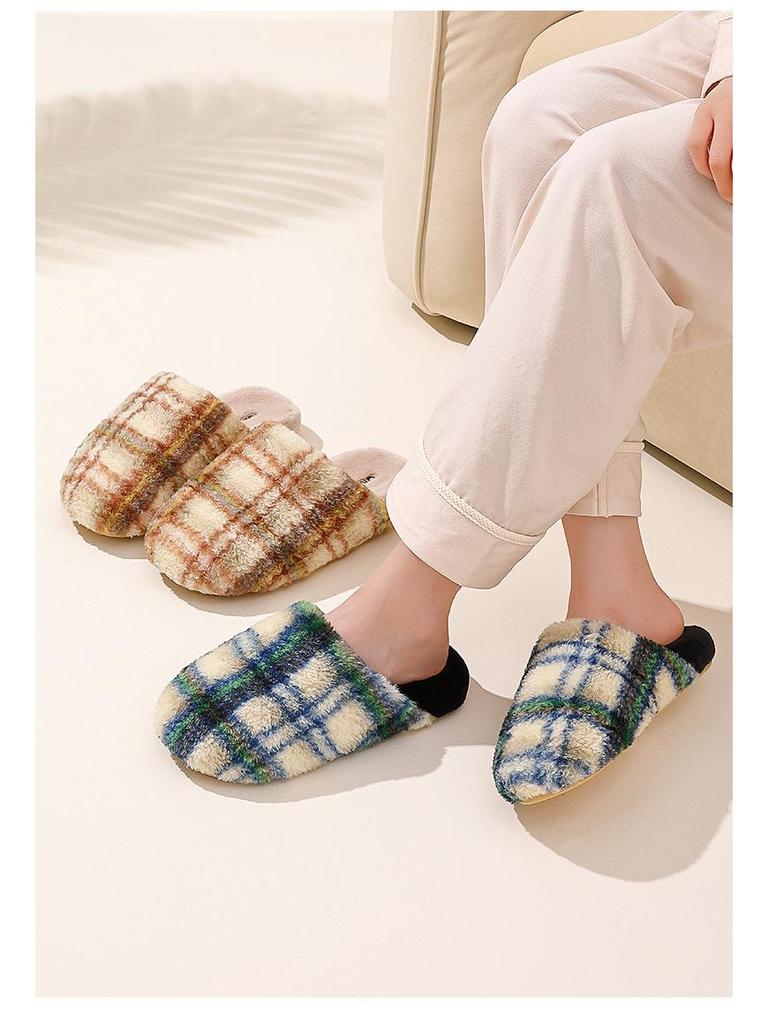 Thickened Autumn/Winter Plaid Stripe Cotton Slippers - Comfortable Unisex Homewear