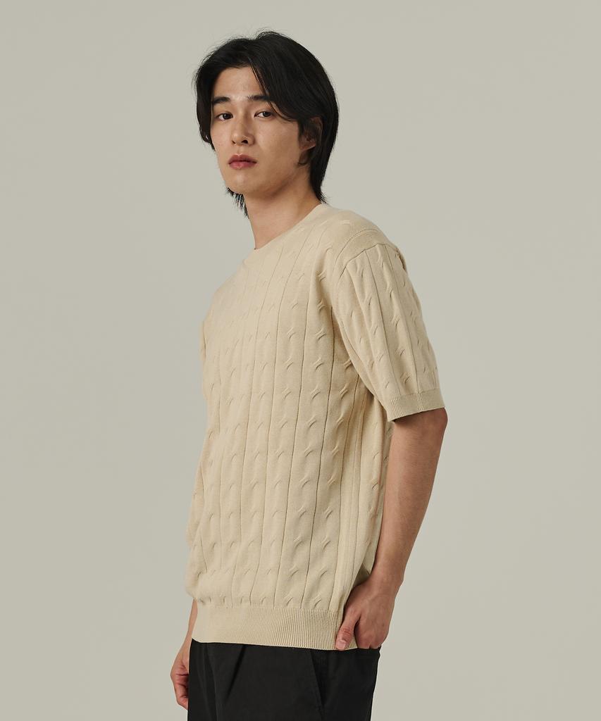 ANALOG MOOD Cable Round Short Sleeve Knit (Beige)