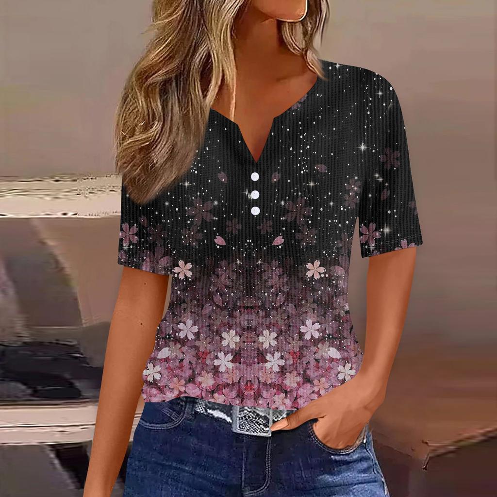 Футболки для женщин, плиссированные, с V-образным вырезом, нарядные, повседневные блузки с принтом, короткие рукава, летние топы, свободный крой
