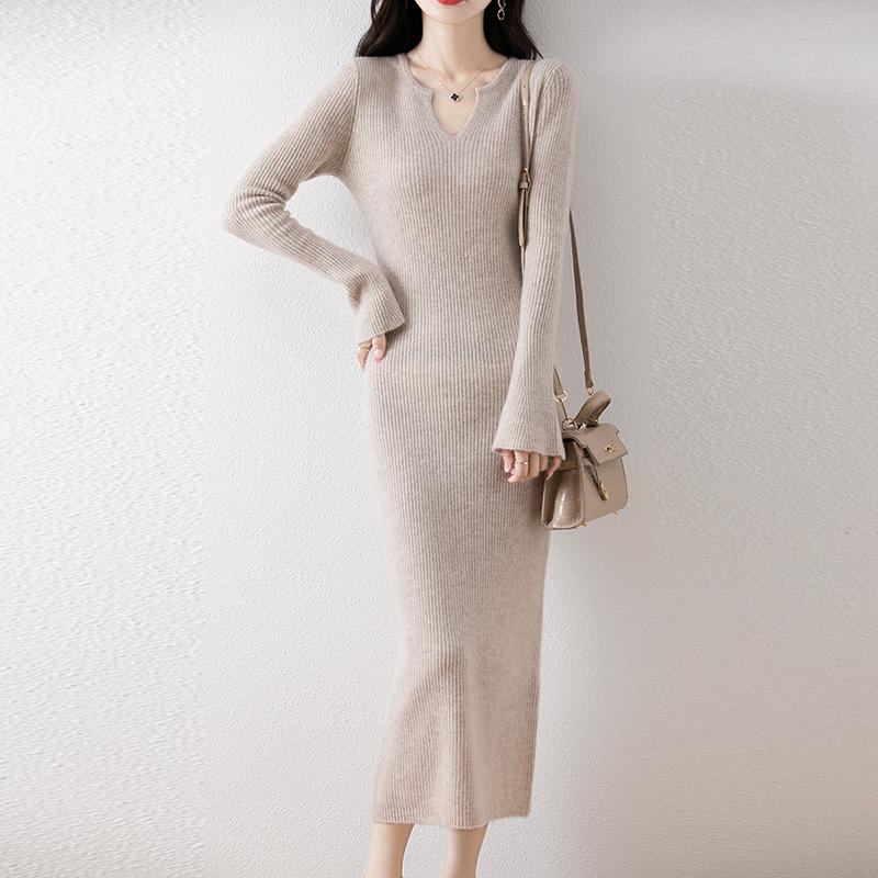 Женское платье-свитер 100% шерсть MODERN NEW SAGA V-образный вырез трикотажный длинный пуловер зимние джемперы шерстяное длинное платье женское