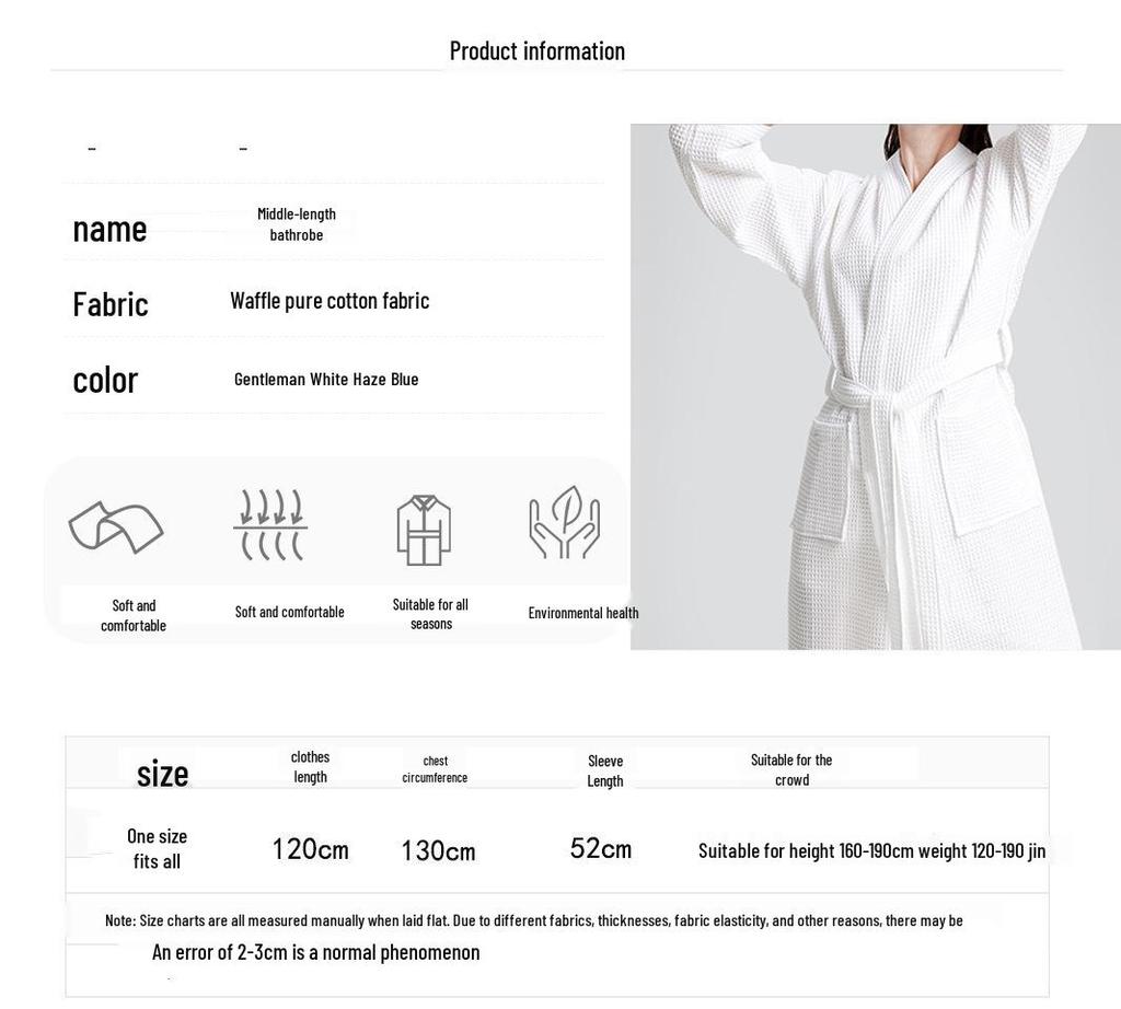 Hotel Inn All-Cotton Waffle Bathrobe with Reversible Collar - Perfect for Four Seasons, Hot Springs, and Salons - White Robe