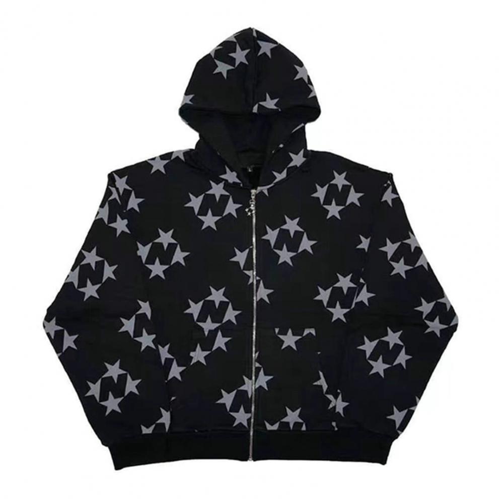 Hoodie Coat Star Print Pockets Zipper Closure Elastic Thread Cuff Long Sleeve Relaxed Fit Unisex Hooded Streetwear Hip Hop Fall Winter