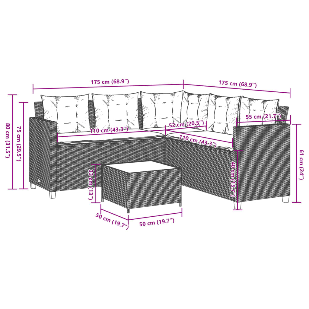 L shaped Garden Sofa Set with Table and Cushions Brown Poly Rattan