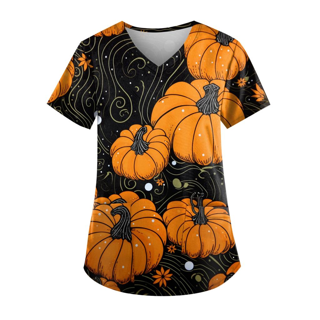 Плюс размер Хэллоуин печатная рабочая форма Топы для женщин футболки с v-образным вырезом и короткими рукавами рабочая одежда футболка с карманами