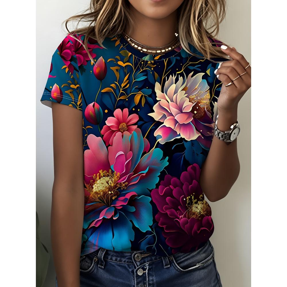 Повседневная футболка с цветочным принтом и круглым вырезом, женская одежда, короткий рукав, для весны и лета, повседневные топы, футболки с коротким рукавом