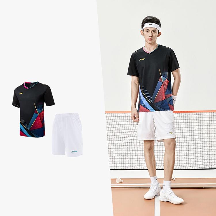 Li-Ning Футболка унисекс с коротким рукавом и V-образным вырезом для спортивных соревнований, цвет блока, черный AAYU127-1