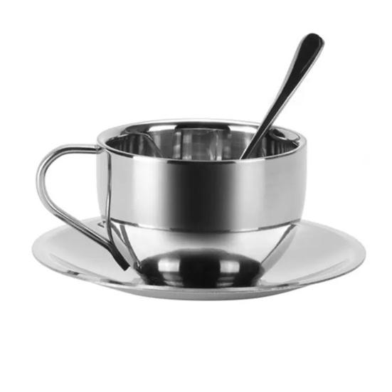 Pcs Coffee Cup Set Stainless Cup with Steel Espresso Saucer And Spoon Double Walled Drinkware