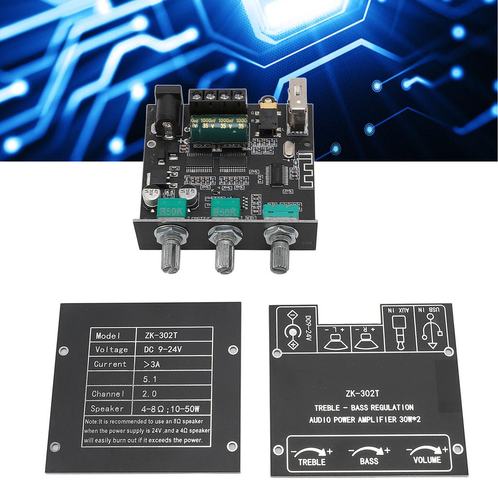 ZK 302T Digital Amplifier Module Bluetooth 5.1 TPA311D2 Chip 2.0 Channel 30W X 2 AUX USB APP Support