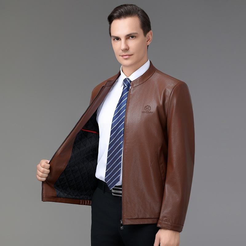 Новые осенние и зимние куртки из овчины для мужчин, повседневные однотонные кожаные куртки для людей среднего возраста, модные мужские куртки с воротником-стойкой